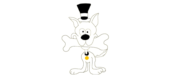 A playful cartoon dog with a bone in its mouth